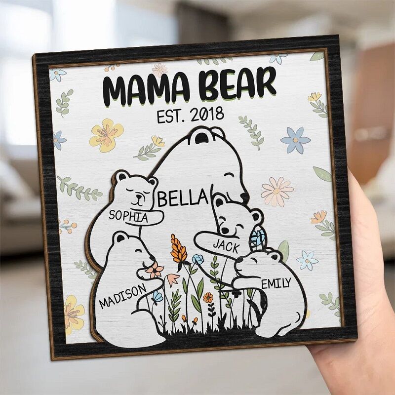 Cadre Puzzle Personnalisé Maman Ours avec Nom de Bébé Ours Design Adorable Cadeau pour la Fête des Mères