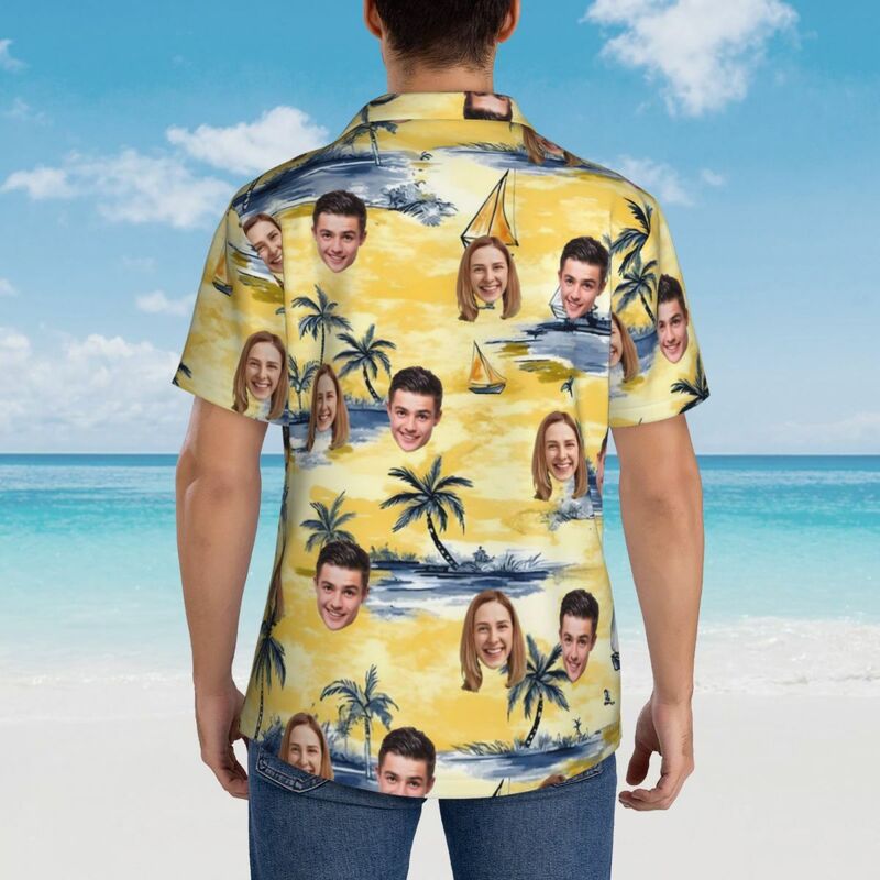 Personalized Hawaiian Shirt with Coconut Tree Print Yellow Short Sleeves Gift for Husband