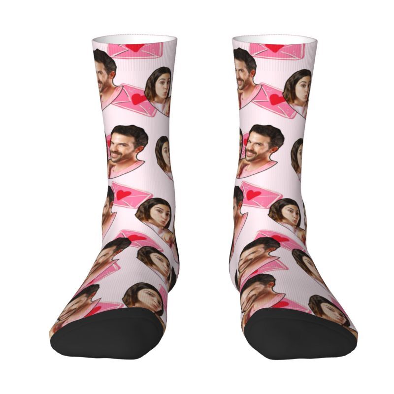 Personalized Face Socks with Pink Envelope Pattern to Add a Couple Photo for Anniversary