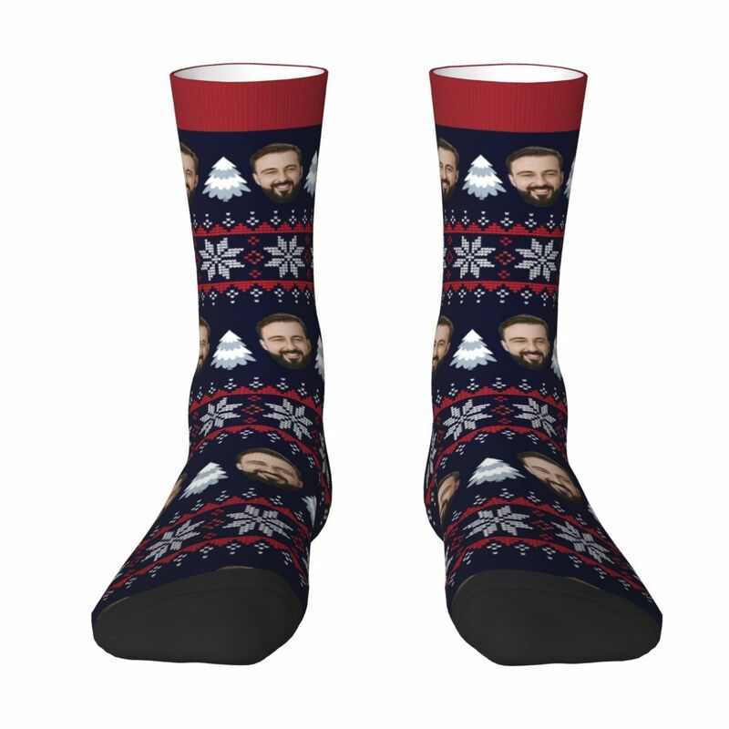 Personalized Face Socks with White Tree and Snowflake Pattern Men's Socks for Christmas