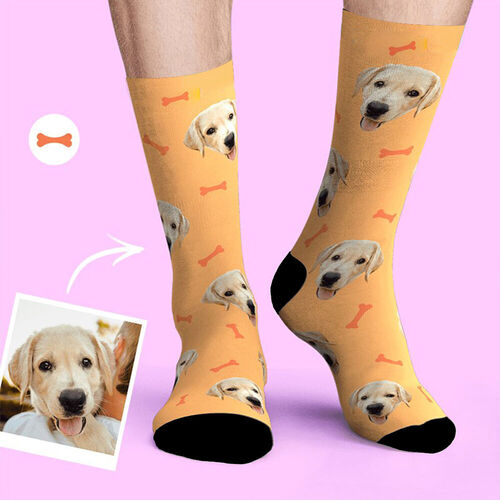 Custom Pet Face Picture Socks with Bones Pattern Gift for Pet Friend