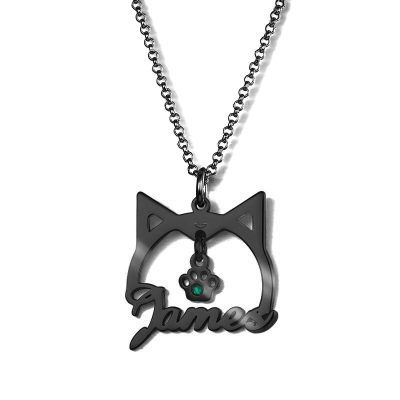 Cute Cat Shape Name Necklace With Birthstone