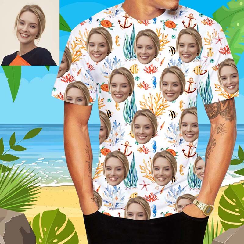 Personalized Face Man's Hawaiian T-Shirt Printed With Marine Life