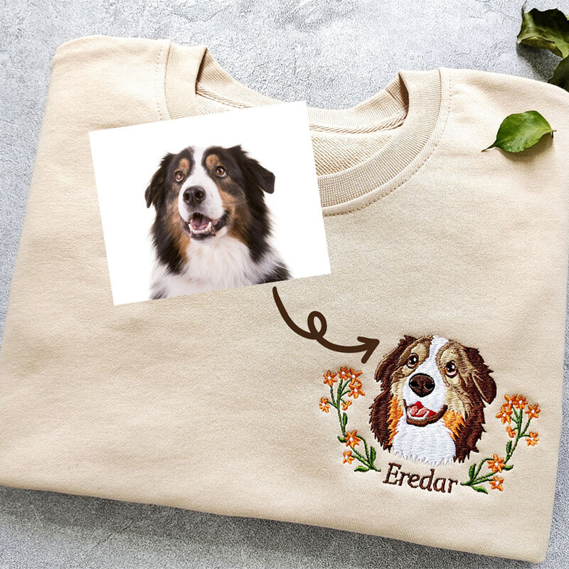 Personalized Sweatshirt Custom Embroidered Color Photo of Puppy's Head with Flower Decor Gift for Pet Lover