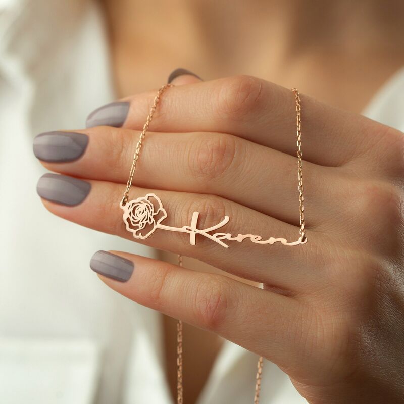 Personalized Name Necklace With Birthday Flowers And Exquisite Gift For Wife