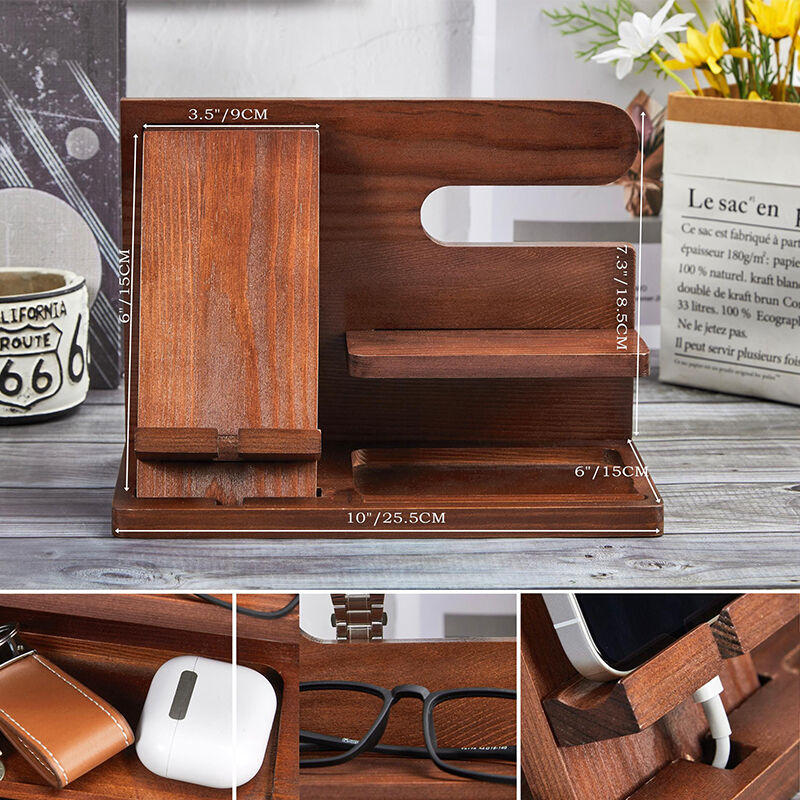 Persoonlijke bureau-organisator Telefoon-docking-station Houten stand Aangepast design Nuttig cadeau voor hem