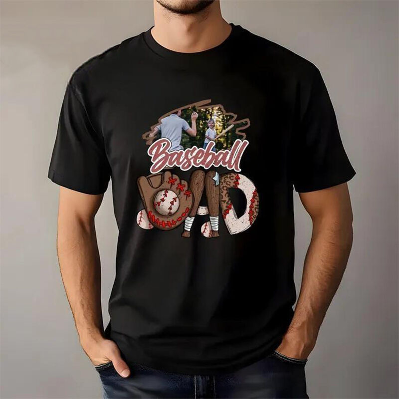 Personalized T-shirt Custom Photo Dad Baseball Bat and Glove Design Creative Gift for Baseball Dad