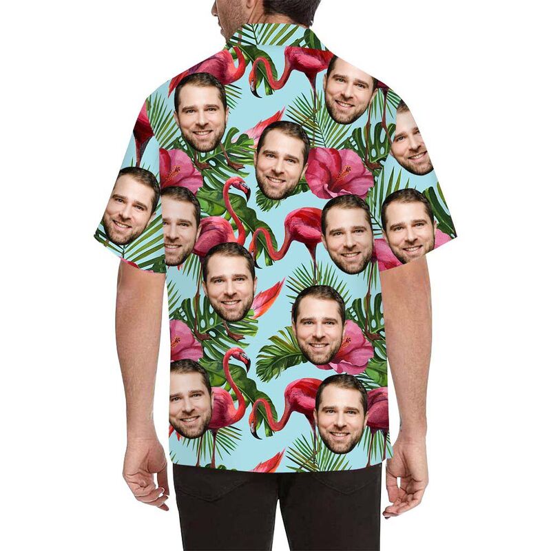 Custom Face Flamingo and Flowers Men's All Over Print Hawaiian Shirt