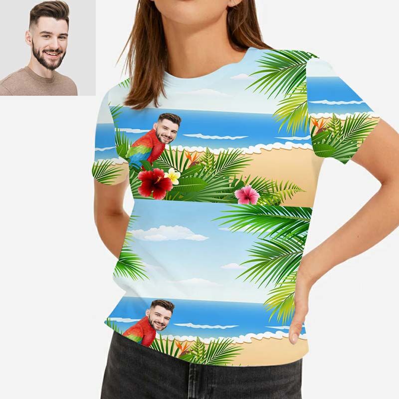 T-shirt hawaïen Visage personnalisé pour femme imprimé avec un perroquet rouge