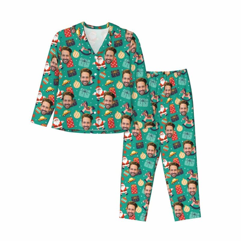 Personalisierte Pyjamas mit individuellem Foto Weihnachtsmann Steckenpferd Niedliches Muster Design Geschenk für die Familie