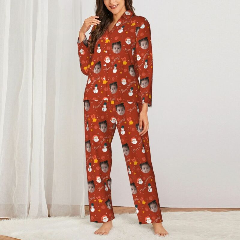 Pyjama personnalisé avec photo personnalisée Père Noël Bonhomme de neige Style rouge Design Adorable cadeau pour elle