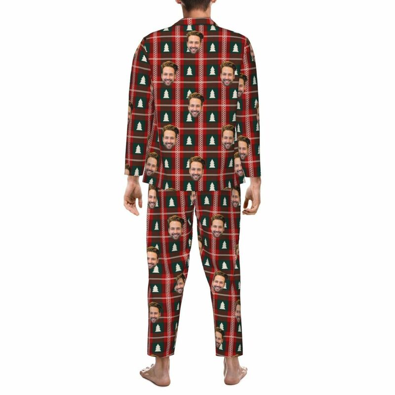 Pyjama personnalisé avec photo personnalisée et motif de sapin de Noël à carreaux rouges et noirs, cadeau pour lui