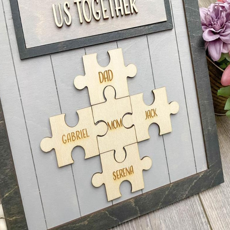 "You Are The Piece That Holds Us Together" Personalized Puzzles Pieces Name Gray Frame Gift For Mom