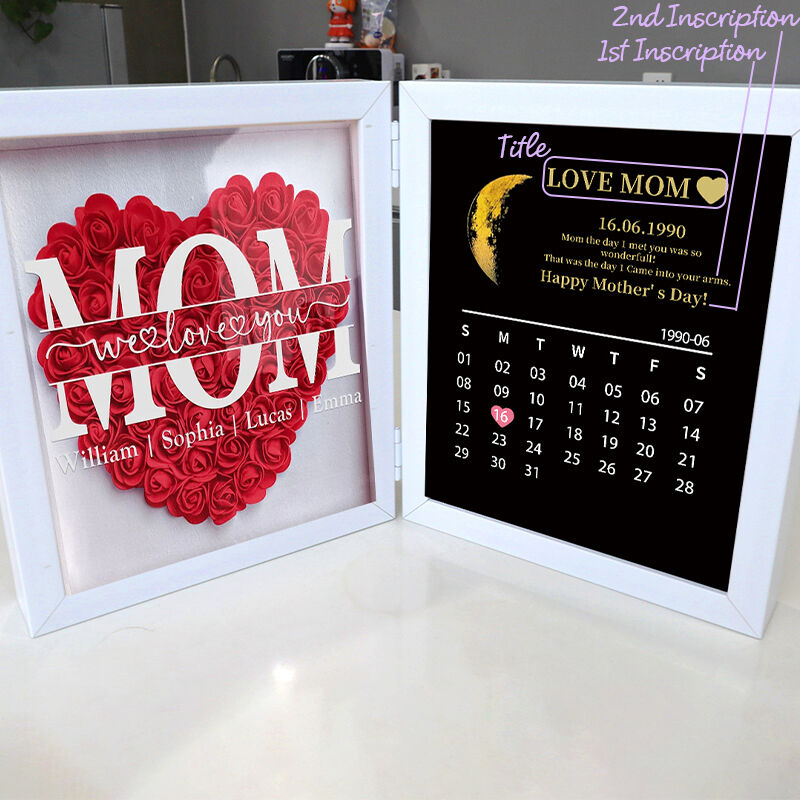 Personalized Flower Shadow Box We Love You with Moon Phase Calendar Pretty Warm Mother's Day Gift