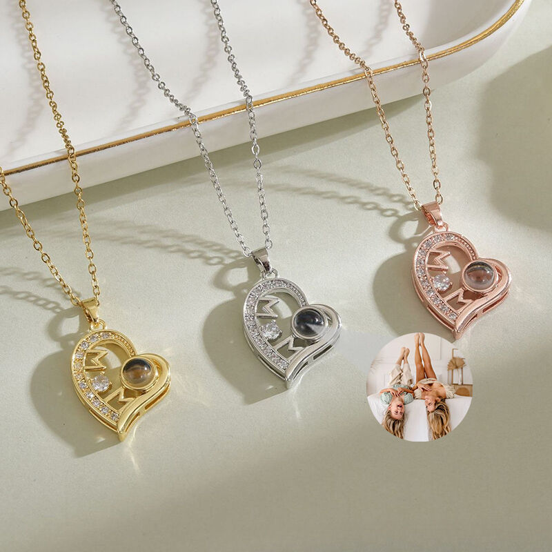 Personalized Heart Shaped Mom Picture Projection Necklace with Diamonds Beautiful Gift for Mother's Day
