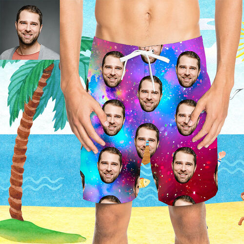 Pantaloni Corti da Spiaggia Personalizzati con Faccia Uomo e Notte Stellata