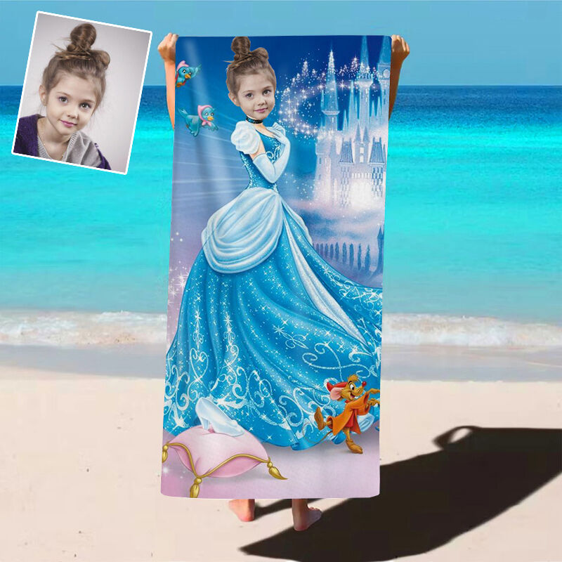 Personalized Photo Bath Towel with Blue Fantasy Castle Background Interesting Gift for Kids