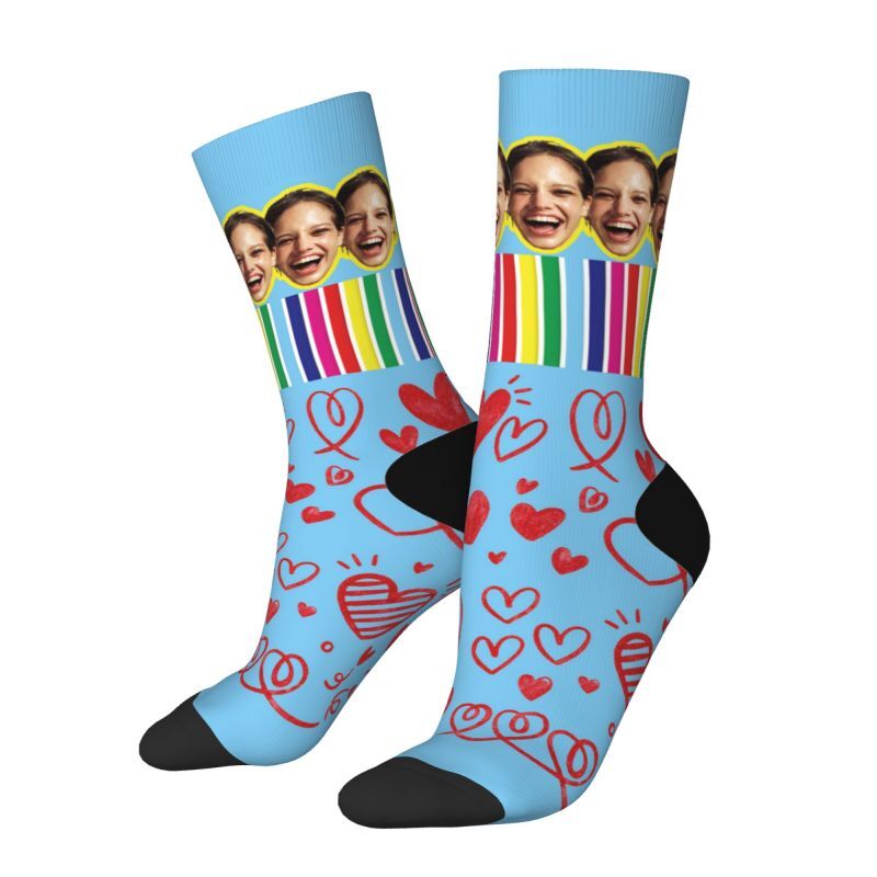 Customized Face Socks with Love Hearts and Rainbow Stripes for Couples
