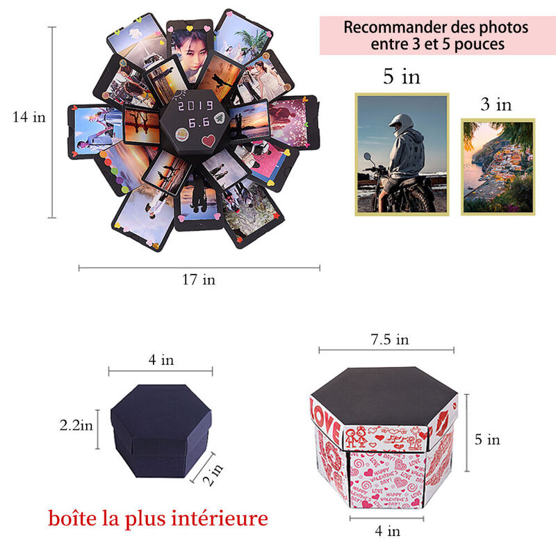Explosion Boîte Cadeau DIY Album Photo Hexagone Boîte Surprise Boîte à Bijoux Photo Créative pour la Saint-Valentin