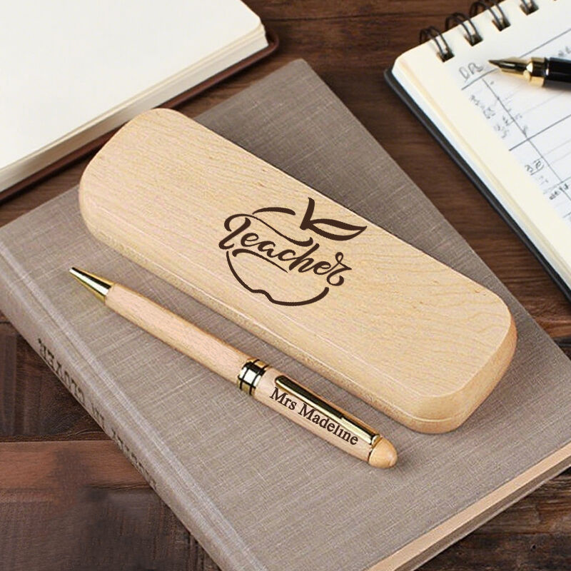 Personalized Pen Wooden Box Simple Style Apple Pattern Design Attractive Gift for Teachers
