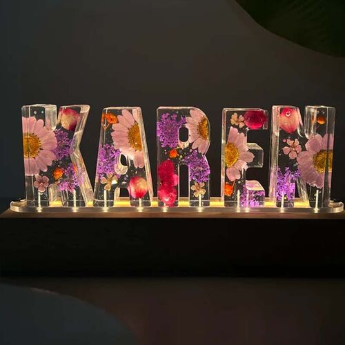 Custom Purple and White Petals Dried Flower Resin Name Letter Lamp-For Kids