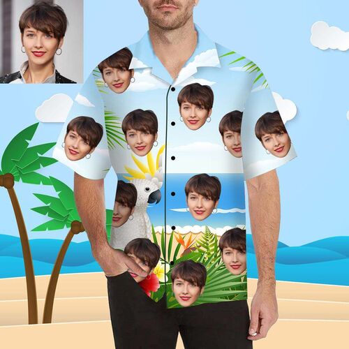 Individuelles Gesicht Papagei am Meer Herren Bedrucken Hawaii Hemd/Shirt