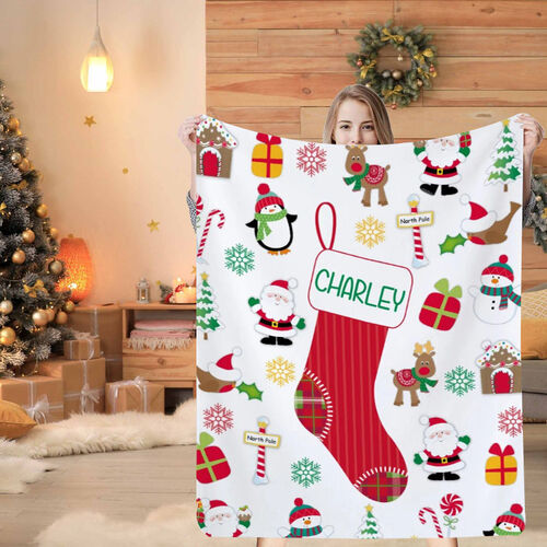 Personalized Name Blanket with Red Christmas Stocking Pattern Christmas Gift