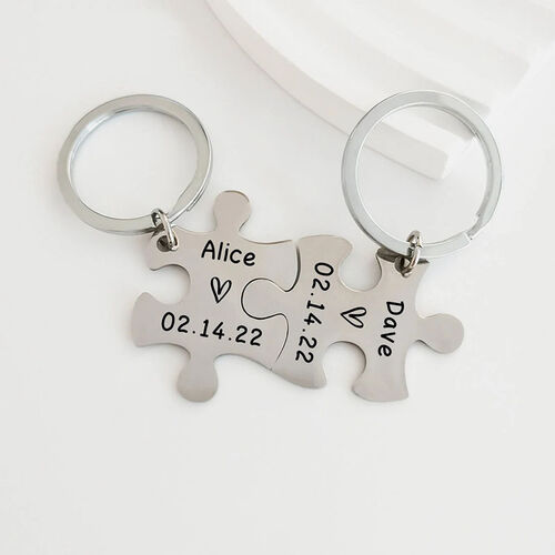 Personalized Date and Name Puzzle Keychain for Couple