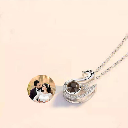 Personalized Swan Photo Projection Necklace with Diamonds for Couple