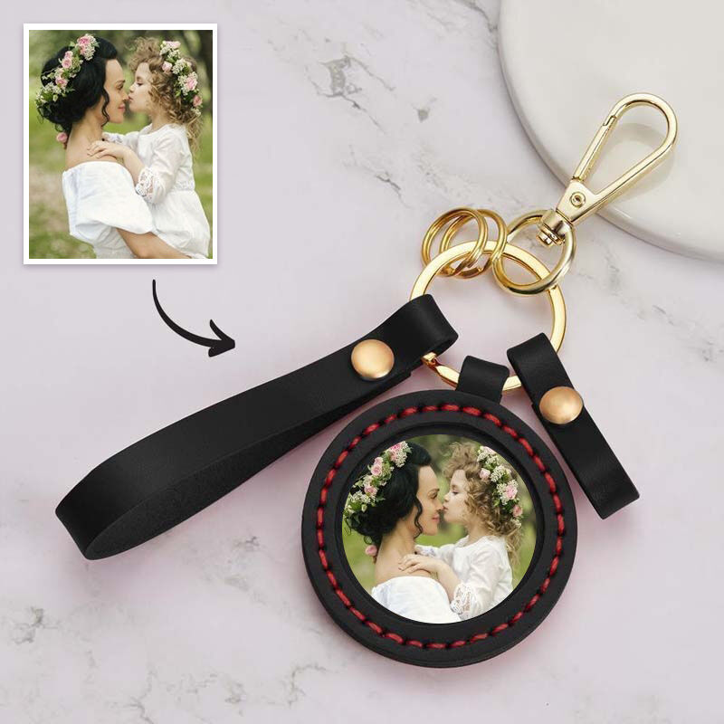 "Mom's Baby" Custom Photo Keychain With Black Leather