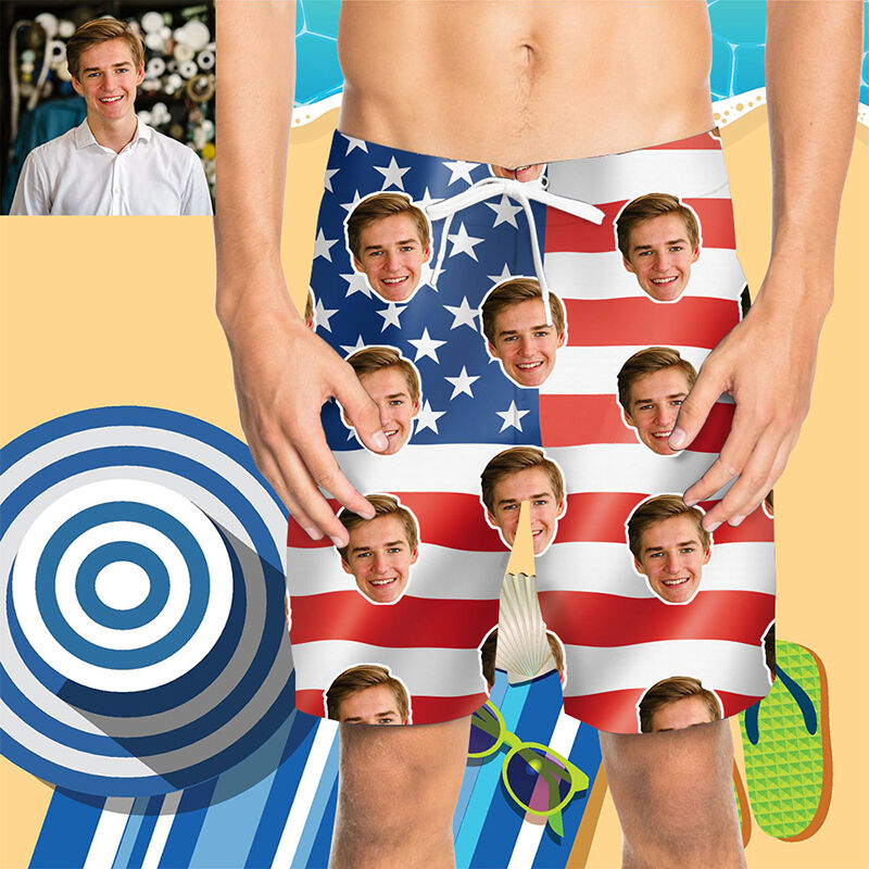 Short de plage pour hommes avec visage personnalisé et drapeau américain