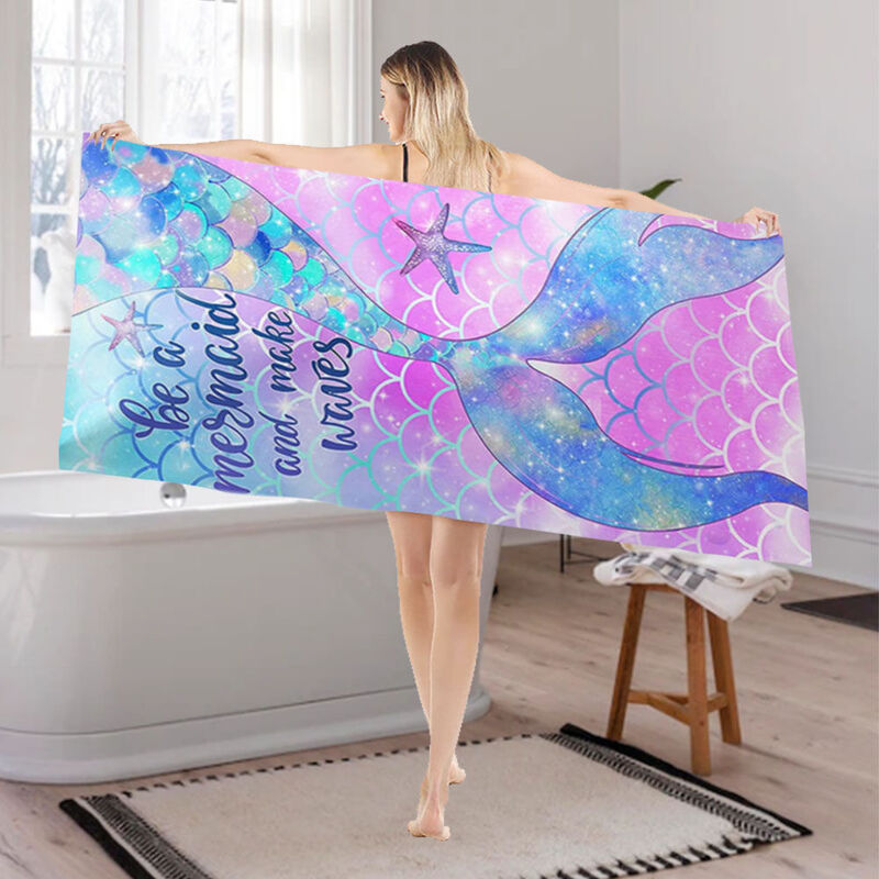 Custom Text Bath Towel with Hexagram and Fantasy Mermaid Tail Pattern for Kids