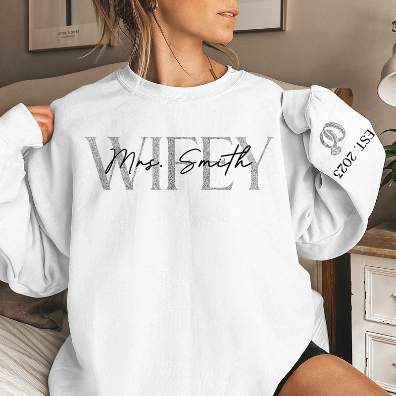 Personalized Sweatshirt Wifey and Diamond Ring with Custom Name Design Unique Gift for Couples