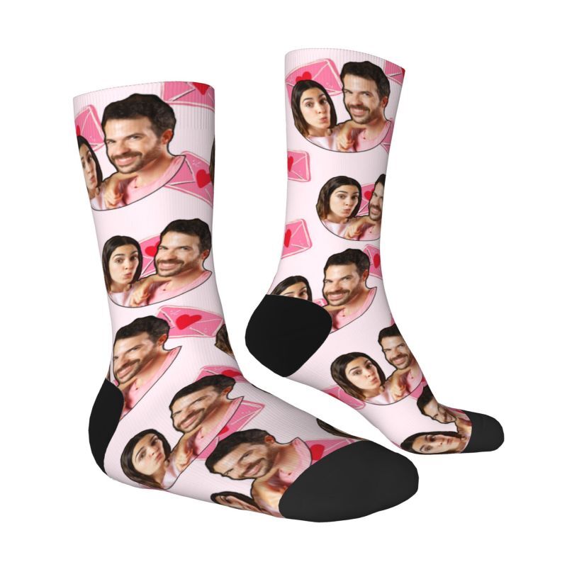 Personalized Face Socks with Pink Envelope Pattern to Add a Couple Photo for Anniversary