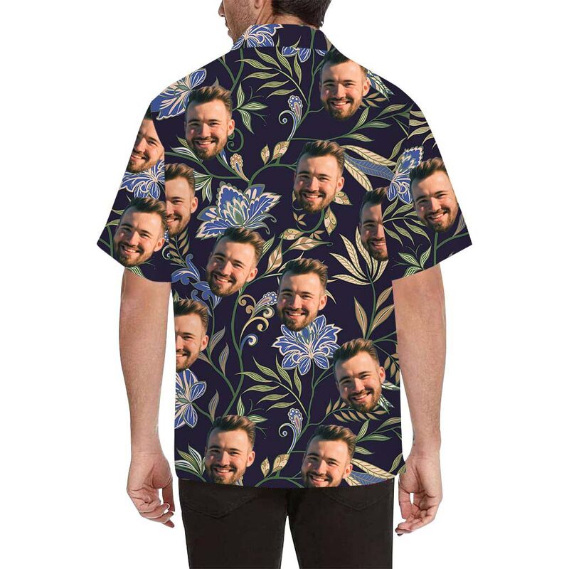 Custom Face Blue Flower Men's All Over Print Hawaiian Shirt