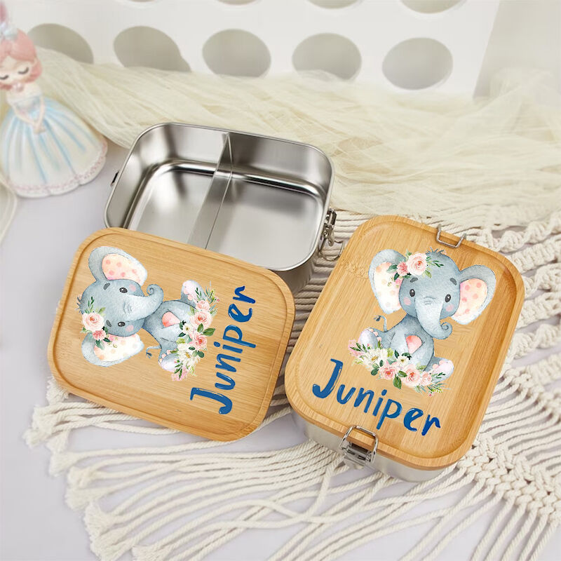 Personalized Lunch Box Custom Name With Cute Elephant With Flowers