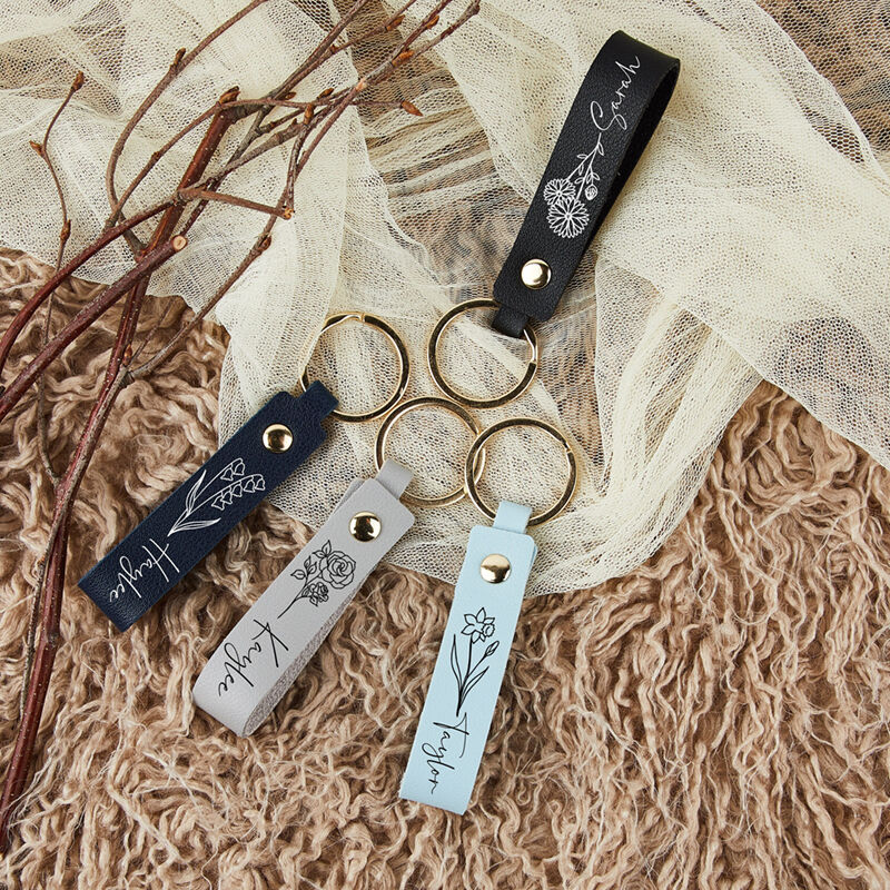 Personalized Leather Keychain with Custom Name and Birth Flower Attractive Gift for Her