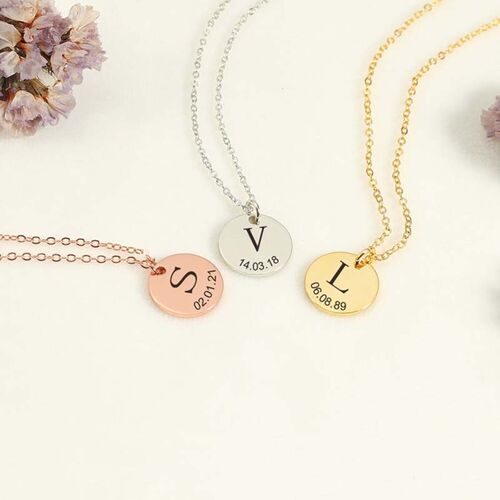 Custom Initial Date Disc Necklace Silver