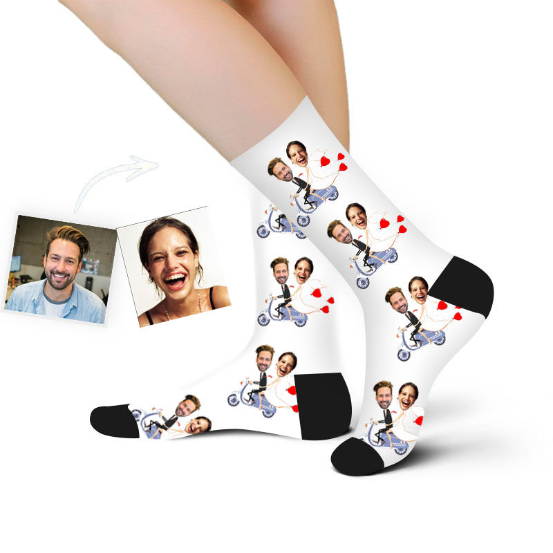 Custom Face Picture Socks Printed with Couple Riding Bike