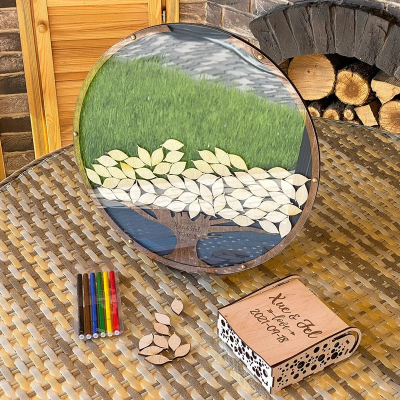 Personalisiertes rundes lebendes Baum mit niedlichen Blättern Acryl benutzerdefinierte Name Gästebuch mit Einlagen Box