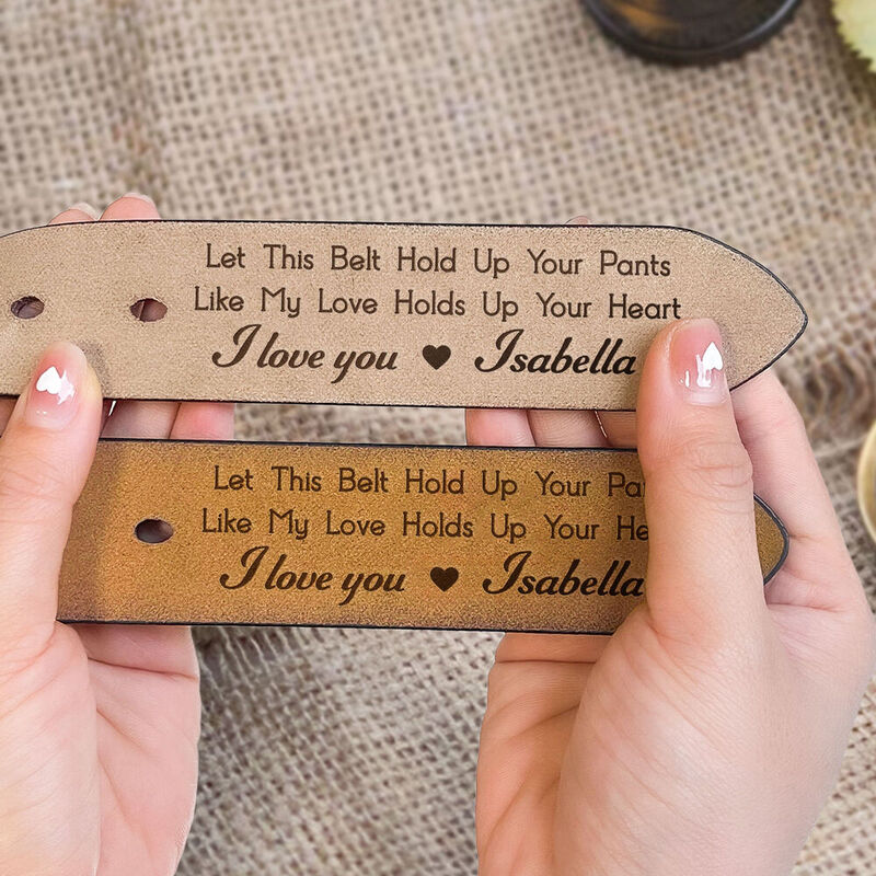 Personalisierter Gürtel mit eingraviertem Liebestext als Geschenk für den Ehemann