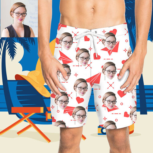 Pantaloni da Spiaggia Uomo Corti Personalizzati con Faccia e Aereo di Carta Bianco