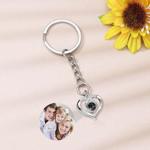 Personalized Heart Photo Projection Keychain with Diamonds for Couple