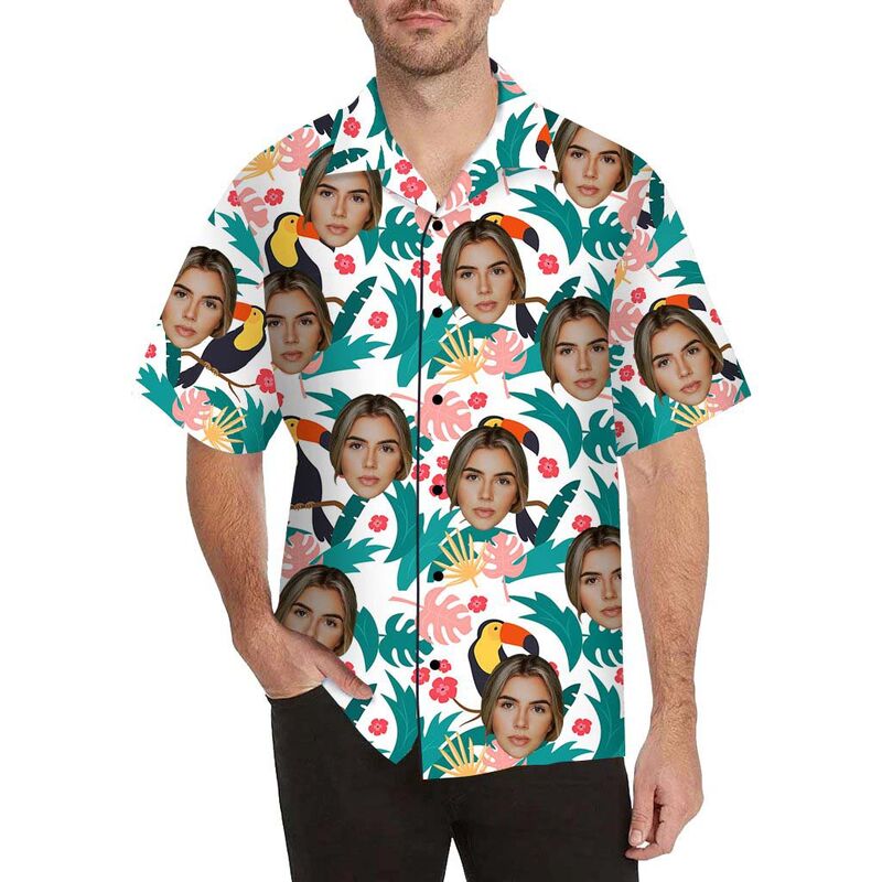 Custom Face Cute Bird and Leaves Men's All Over Print Hawaiian Shirt