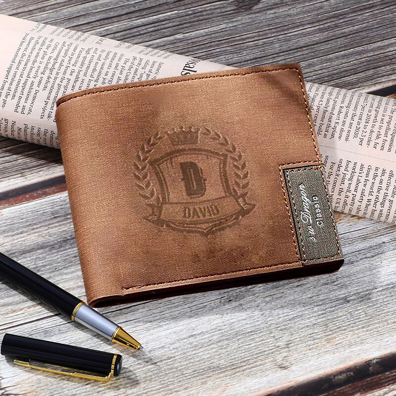 Mens Custom Name and Initial Brown Wallet with Crown Christmas Gift