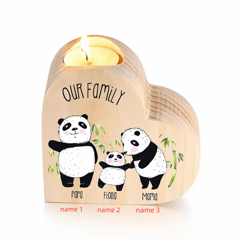 Personalisierte hölzerne Herz Kerze Halter benutzerdefinierte Namen für Kinder mit Panda Familie Muster