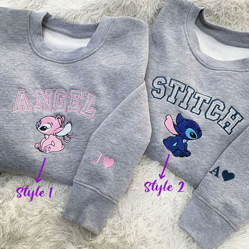 Personalisiertes Sweatshirt gestickt Cartoon Stitch und Angel Design Perfektes Geschenk für Liebhaber