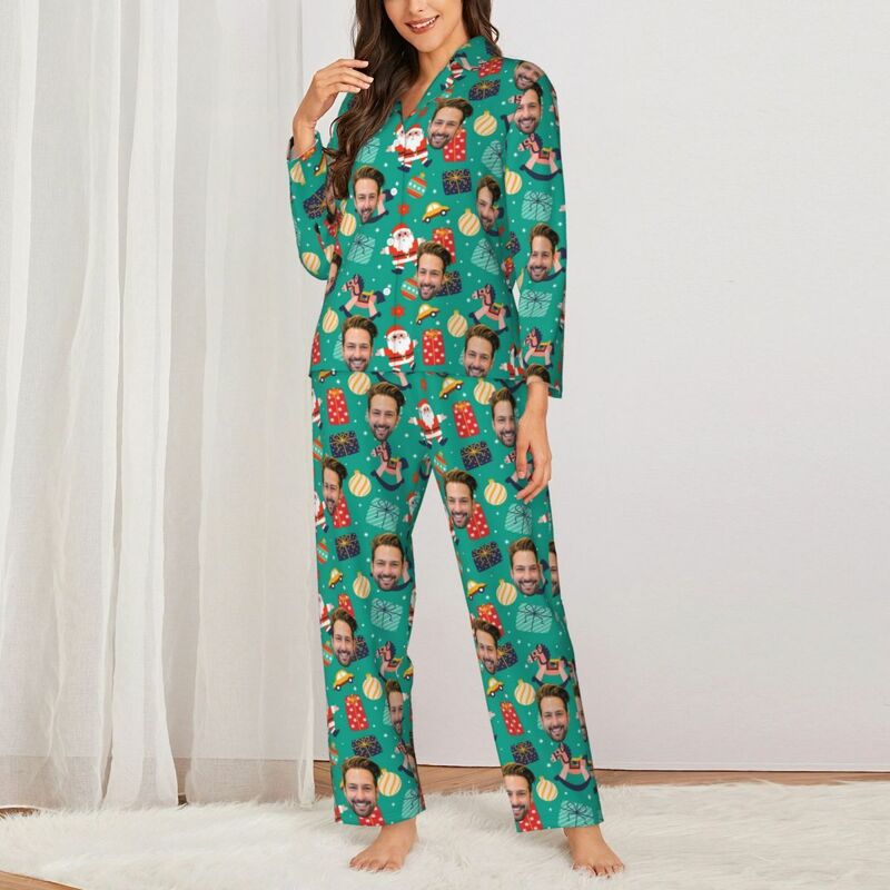 Personalisierte Pyjamas mit individuellem Foto Weihnachtsmann Steckenpferd Niedliches Muster Design Geschenk für die Familie