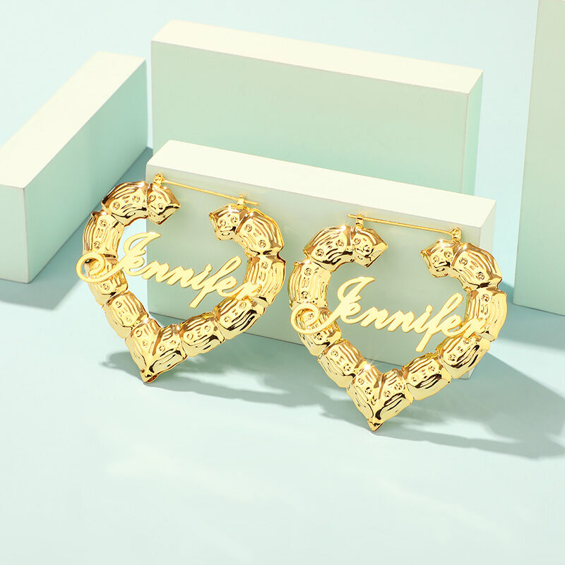 Gold Plated Personalized Heart Bamboo Name Earrings