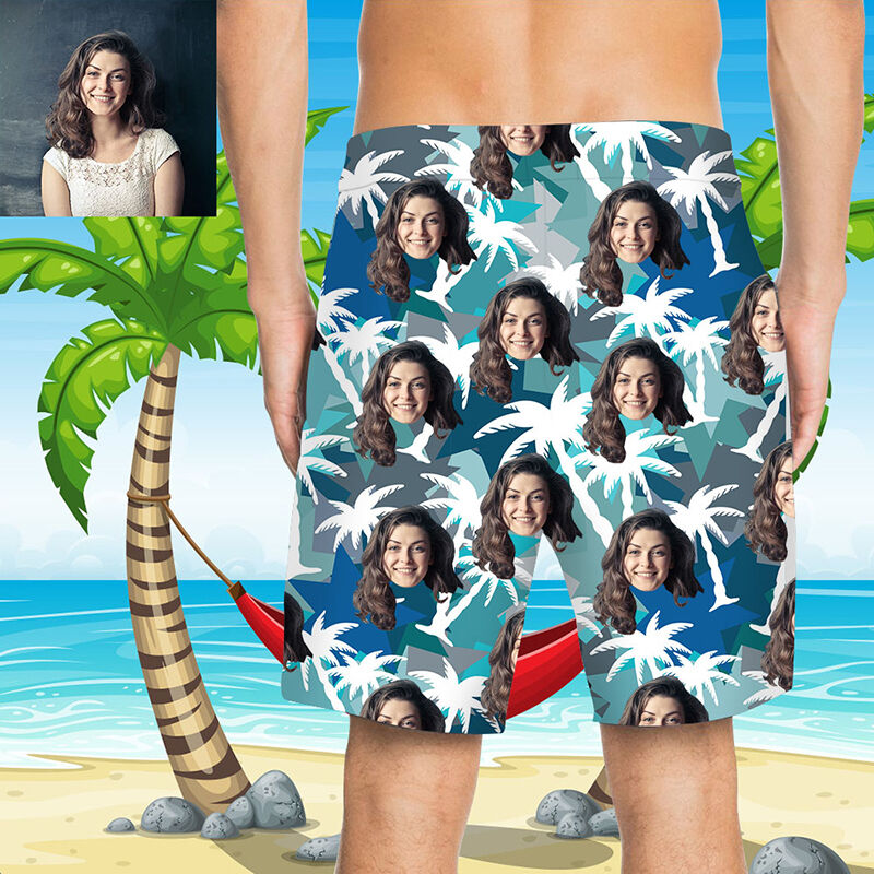Custom Face White Coconut Tree Men's Beach Shorts